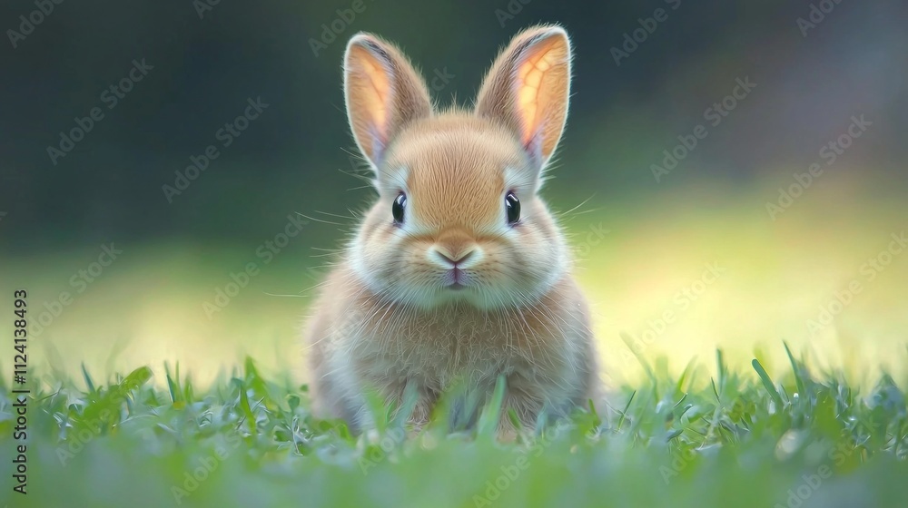 A lovely baby bunny sits nestled in vibrant green grass, soaking up the warmth of the sun, exuding an aura of innocence and charm A lovely baby bunny sits nestled in vibrant green grass, soaking up the warmth of the sun, exuding an aura of innocence and charm