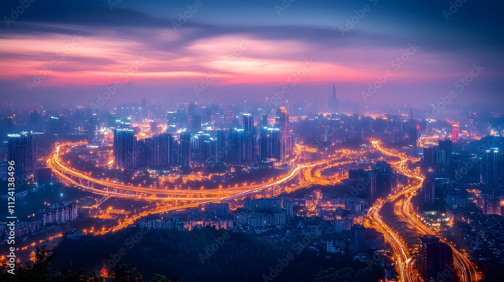 Fototapeta premium Stunning cityscape at twilight with vibrant lights and intricate roadways.
