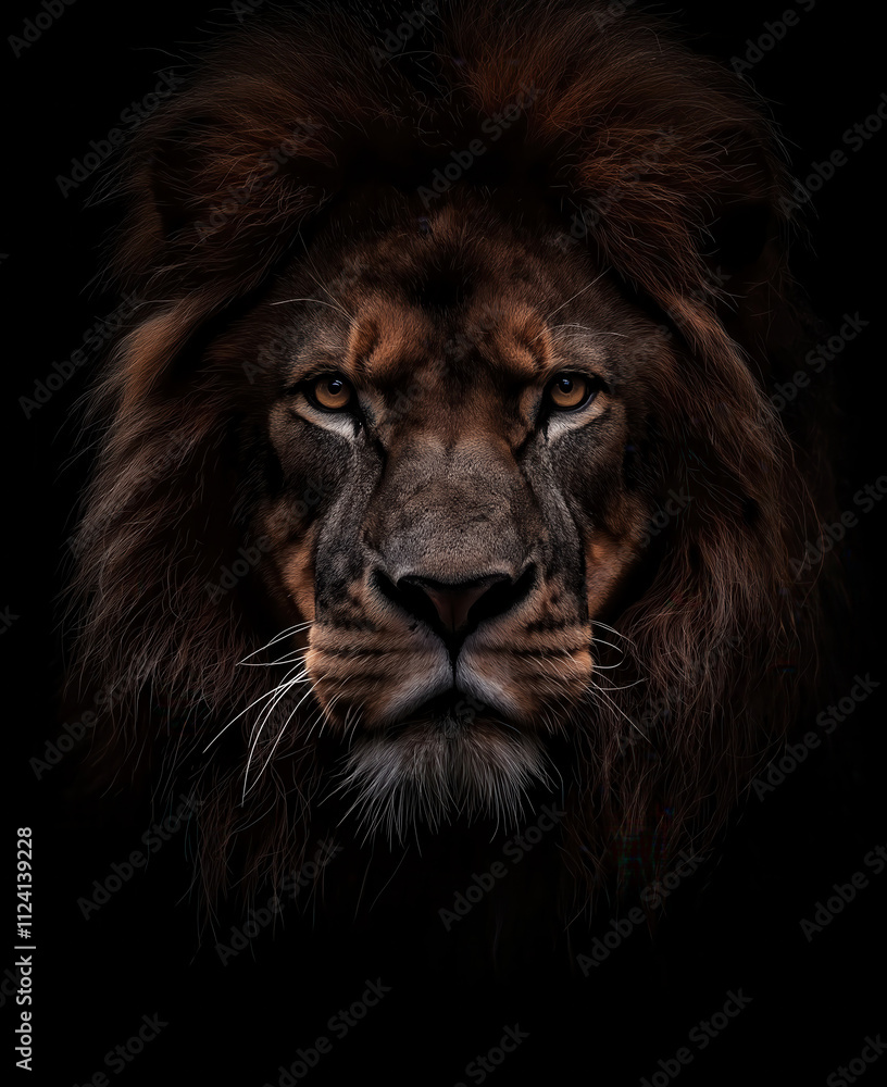 Naklejka premium Close-up of lion head on dark background.