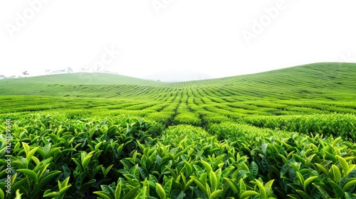 A beautiful green tea field with a natural, serene landscape and a few tea plants, isolated on a white background