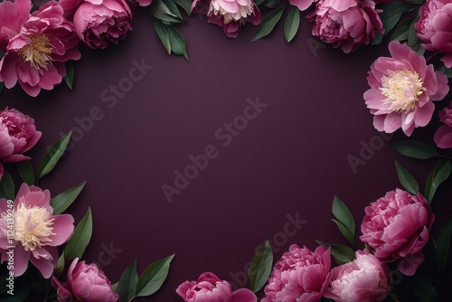 Pink peonies frame a dark purple background. Perfect for wedding invitations, greeting cards, or elegant designs.