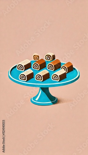 A minimal, centered illustration of pieces of tan and brown-colored rugelach on a bright blue cake stand in a simple, grainy risograph print style on a plain, empty pale pink colored background. photo