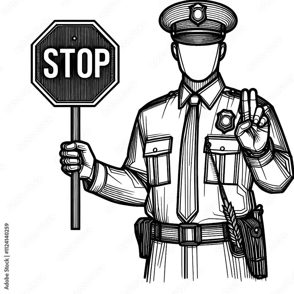 Obraz premium A police officer holding a whistle and a stop sign, line sketch engraving. black and white.
