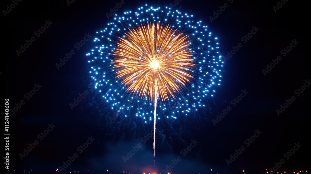 A vibrant fireworks display explodes in the night sky, showcasing gold and blue sparks. A vibrant fireworks display explodes in the night sky, showcasing gold and blue sparks.
