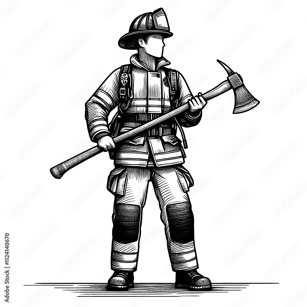 A firefighter holding a fire axe, line sketch engraving. black and white. A firefighter holding a fire axe, line sketch engraving. black and white.
