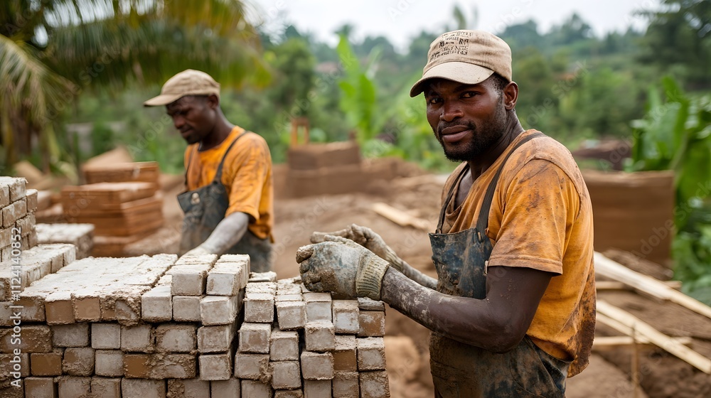 Two African male masons working with bricks on a construction site. Two African male masons working with bricks on a construction site.