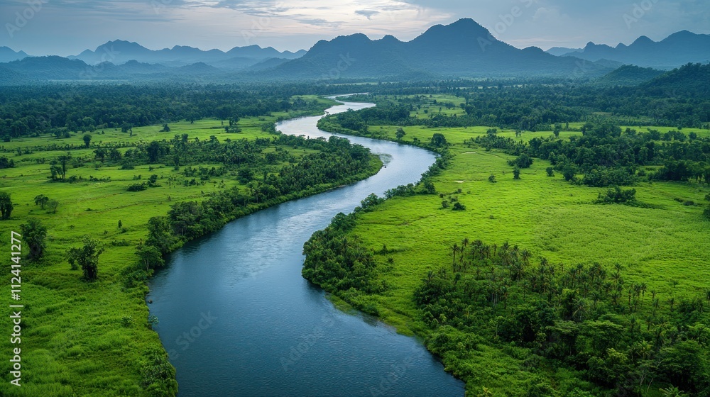 Aerial view of a meandering river flowing through lush green landscape and mountains. Aerial view of a meandering river flowing through lush green landscape and mountains.