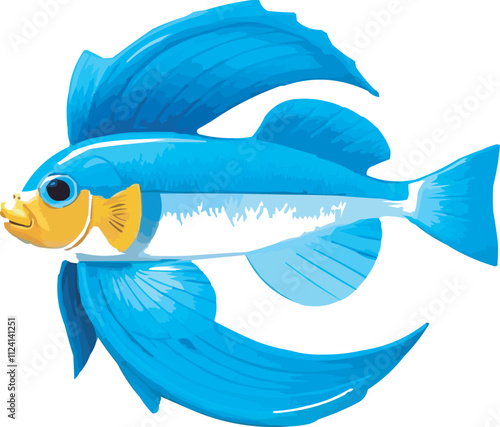 The fish is a vibrant blue with a bright yellow head and a white stripe running along its body.