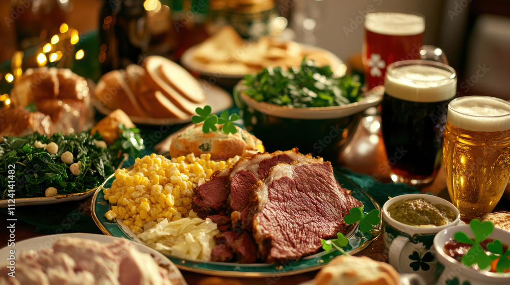 Festive irish feast with corned beef, cabbage, and celebratory drinks on st. patrick's day Festive irish feast with corned beef, cabbage, and celebratory drinks on st. patrick's day
