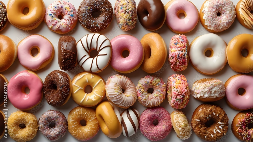 Overhead view of assorted donuts with various toppings and flavors. Overhead view of assorted donuts with various toppings and flavors.
