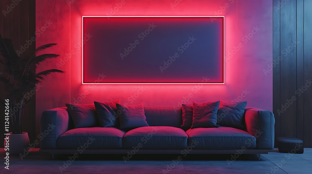 Dark frame on a wall with neon lights, modern and edgy Dark frame on a wall with neon lights, modern and edgy