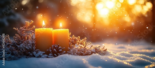 Serene Winter Candlelight Scene with Bokeh Snowfall photo