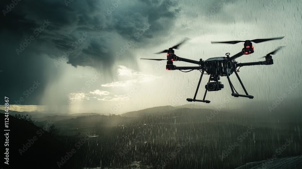 Drone flying in a stormy landscape. Drone flying in a stormy landscape.