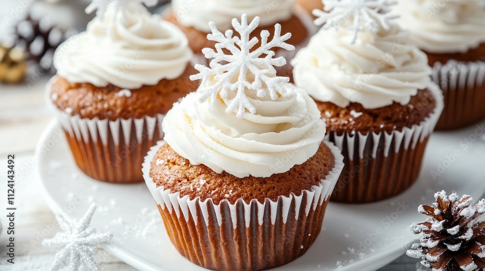 Christmas cupcakes with whipped cream and snowflake decorations on a white plate Christmas cupcakes with whipped cream and snowflake decorations on a white plate