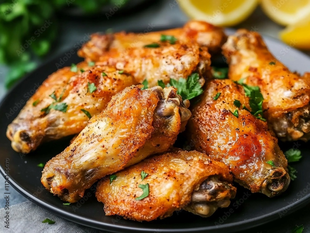 close-up Delicious Picture of Fried Chicken Wings on a Black Plate close-up Delicious Picture of Fried Chicken Wings on a Black Plate