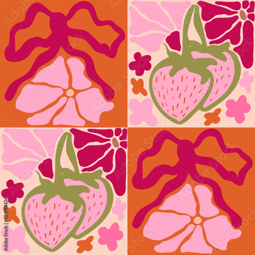 Groovy Strawberry coquette seamless tile in Matisse vibes. Trendy Naive Floral Vector Background in 1970s with Bows. art nouveau pattern. Can be used for Print on fabric, wrapping paper, wallpaper.