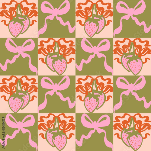Groovy Strawberry coquette seamless tile in Matisse vibes. Trendy Naive Floral Vector Background in 1970s with Bows. art nouveau pattern. Can be used for Print on fabric, wrapping paper, wallpaper.