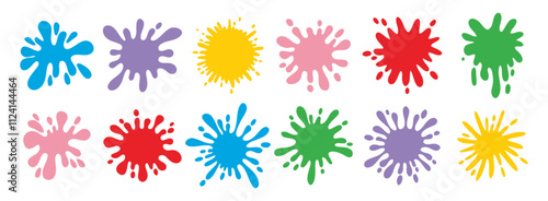 Colorful splatters different shapes. Bright stains and splashes. Ink blots collection clipart elements.