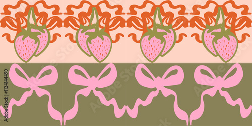 Strawberry coquette groovy seamless pattern with Bows. Retro vintage doodle girly background