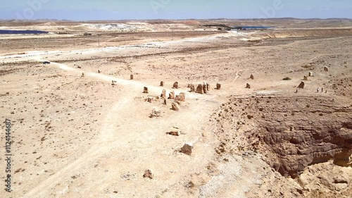 Drone  view of large boulders arranged in specific pattern at public sculpture park in desert on cliff above Judean Desert near Mitzpe Ramon in southern Israel.