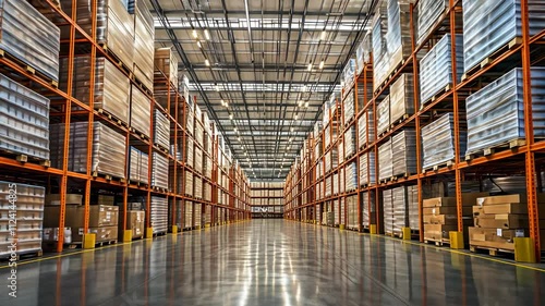 Spacious warehouse interior with organized shelves and stacked boxes in a commercial storage facility