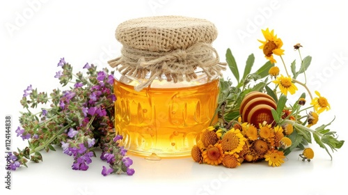 A beautiful jar of pure honey with a bouquet of dried herbs like chamomile, calendula, and lemon balm, isolated on a white background photo