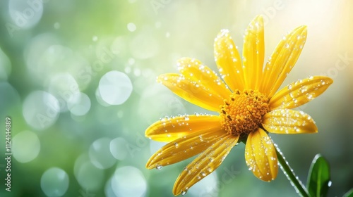 Close-up of a vibrant yellow flower with dew drops, set against a soft-focus green background.