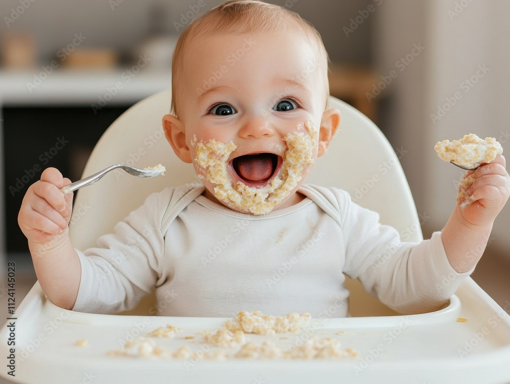 Happy baby enjoying a messy mealtime with smiles and laughter. Happy baby enjoying a messy mealtime with smiles and laughter.