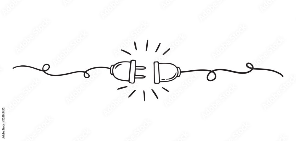 Plug inserting into electric outlet. Power socket disconnect doodle hand drawn icon. Outline drawing 404 error connection concept line clipart symbol Plug inserting into electric outlet. Power socket disconnect doodle hand drawn icon. Outline drawing 404 error connection concept line clipart symbol