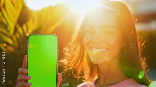 Young woman holding a green screen phone while smiling photo