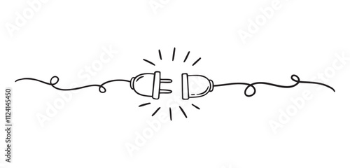 Plug inserting into electric outlet. Power socket disconnect doodle hand drawn icon. Outline drawing 404 error connection concept line clipart symbol