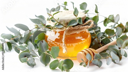 A beautiful jar of pure honey with a garland of fresh eucalyptus and a wooden spoon, isolated on a white background photo