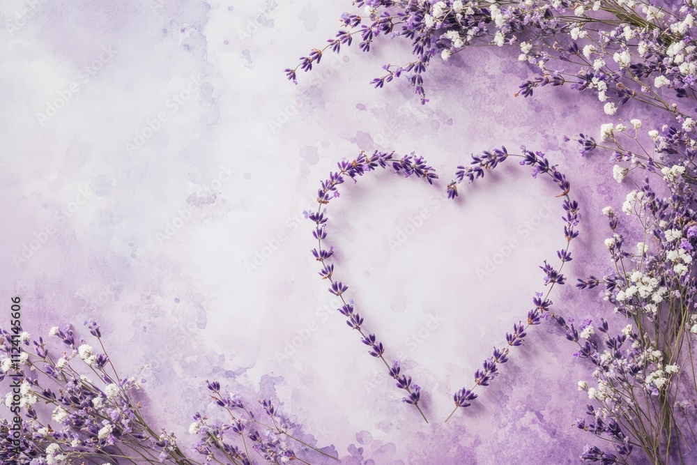 A heart-shaped floral wedding frame with lavender sprigs and baby's breath, placed on a lavender-toned watercolor background A heart-shaped floral wedding frame with lavender sprigs and baby's breath, placed on a lavender-toned watercolor background