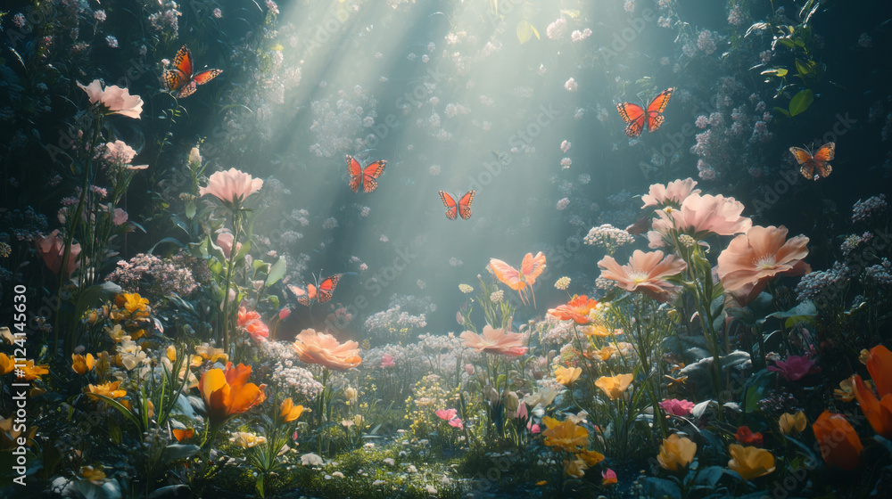 An enchanted garden with flowers and butterflies An enchanted garden with flowers and butterflies
