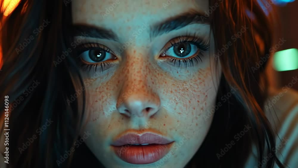 Close-up Portrait of Young Woman with Freckles and Striking Eyes in Urban Night Setting Close-up Portrait of Young Woman with Freckles and Striking Eyes in Urban Night Setting