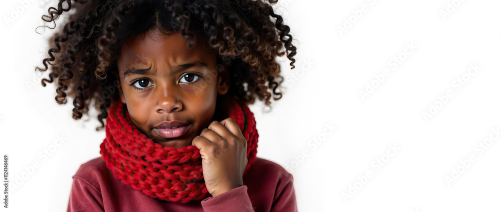 Dark-skinned African girl with black curly hair, child, in red knitted scarf touches her neck with her hand in painful place. Banner, copy space. White isolated background. Dark-skinned African girl with black curly hair, child, in red knitted scarf touches her neck with her hand in painful place. Banner, copy space. White isolated background.