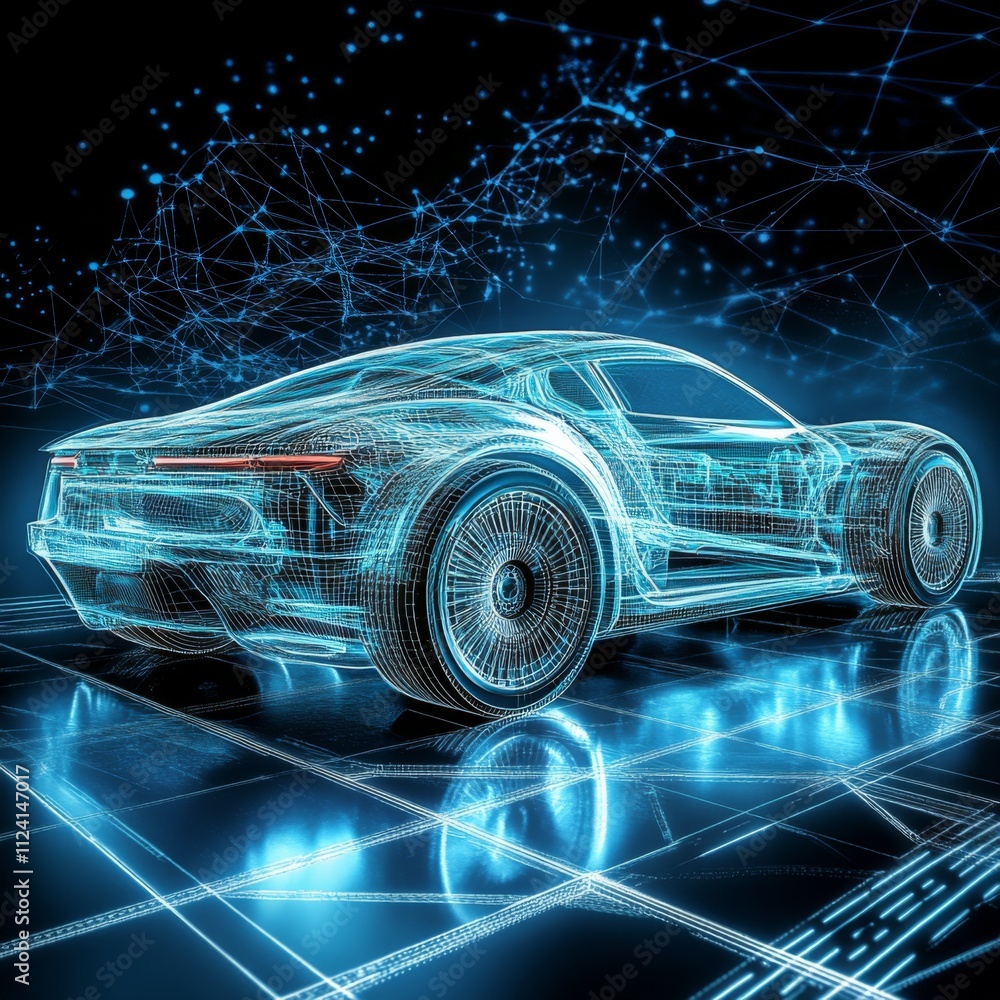 Holographic Car HUD UI with Futuristic Scanning and Automated Data Analysis for Development - 3D Illustration Holographic Car HUD UI with Futuristic Scanning and Automated Data Analysis for Development - 3D Illustration