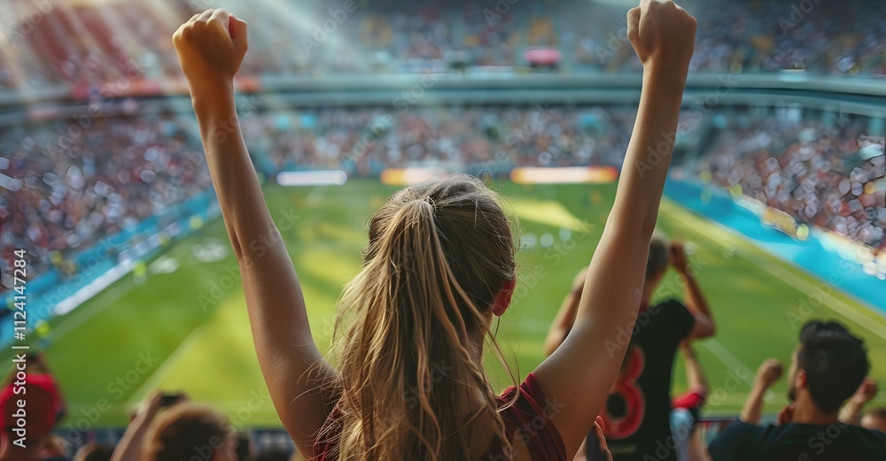 Fototapeta premium Girl cheering at the stadium with raised hands, a crowd of people around in a blurred background. They support their team during a competition or match, Generative AI