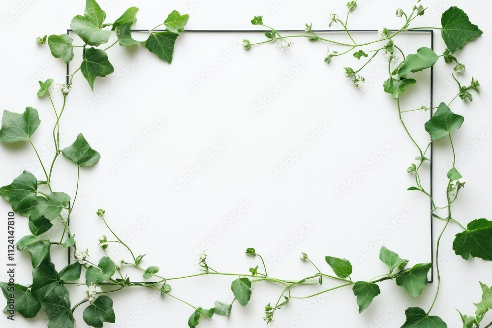 Fototapeta premium A minimalist rectangular frame with a single strand of green ivy and small white blossoms on a white background