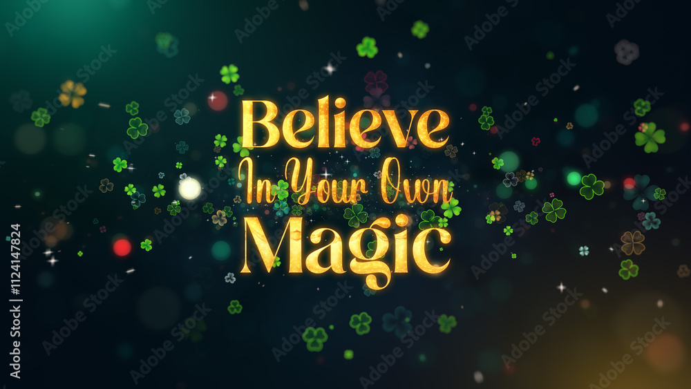 An enchanting design featuring glowing text Believe In Your Own Magic surrounded by vibrant clovers and dreamy bokeh effects, creating a captivating and motivational visual theme An enchanting design featuring glowing text Believe In Your Own Magic surrounded by vibrant clovers and dreamy bokeh effects, creating a captivating and motivational visual theme