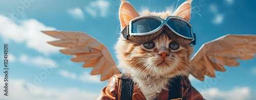 A cute ginger cat wearing vintage pilot goggles and flying in the sky with golden wings, against a blue sky background, Generative AI photo