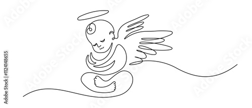 Beautiful Angel Baby in one continuous line drawing. Christmas cherub and easter symbol in simple linear style. Elegance logo editable stroke. Doodle vector illustration
