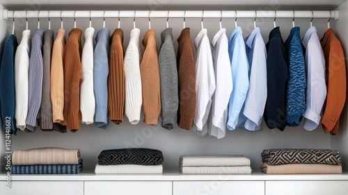 A neatly organized closet showcasing a variety of colorful sweaters and shirts hanging alongside neatly folded items below. photo