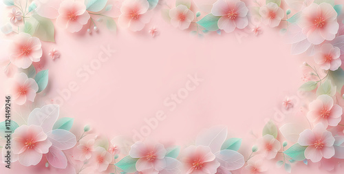 Delicate pink flowers around the edges on a pink background. Banner. AI