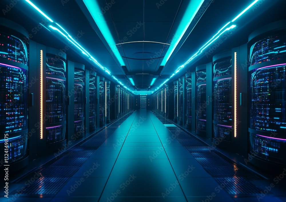 Fototapeta premium Computer Security Network Server Room with Cloud Storage Servers. 3D Illustration of Data Center Server Racks