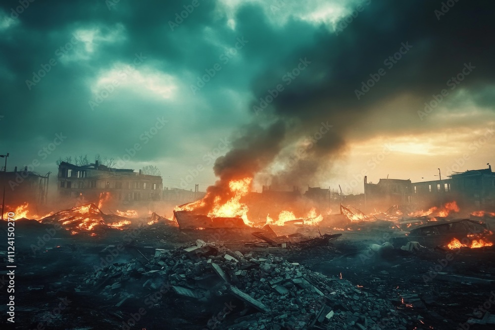 Obraz premium Fiery Cityscape with Burning Ruins Engulfed in Smoke Plumes