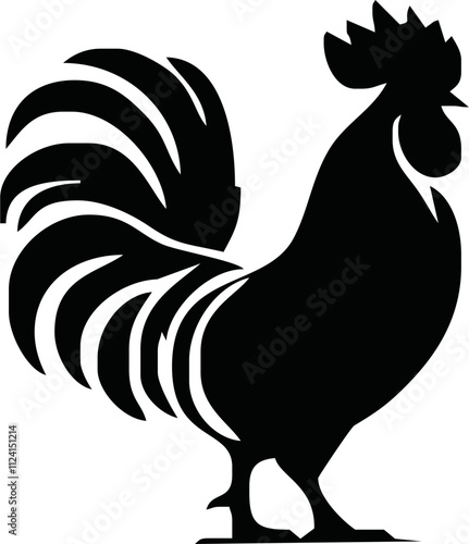 Rooster crowing, Basic simple Minimalist vector graphic, isolated on white background, black and white