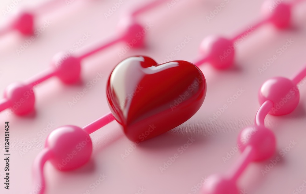 A glossy red heart sits on a pink background adorned with playful pink beads, evoking feelings of love and affection. A glossy red heart sits on a pink background adorned with playful pink beads, evoking feelings of love and affection.