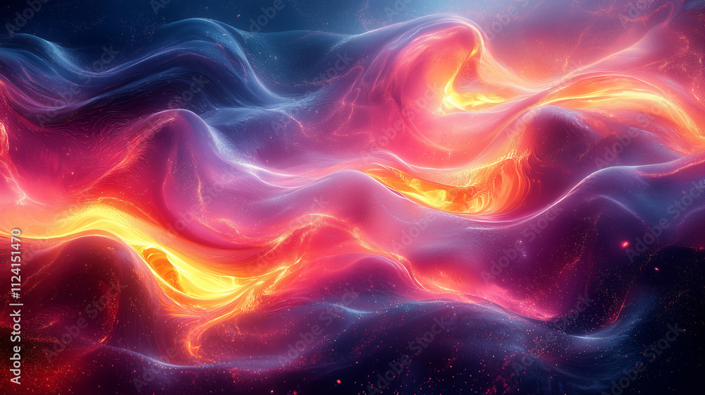 Obraz premium flowing neon energy ribbons in red and purple sweeping across a dark starry night in an abstract pattern