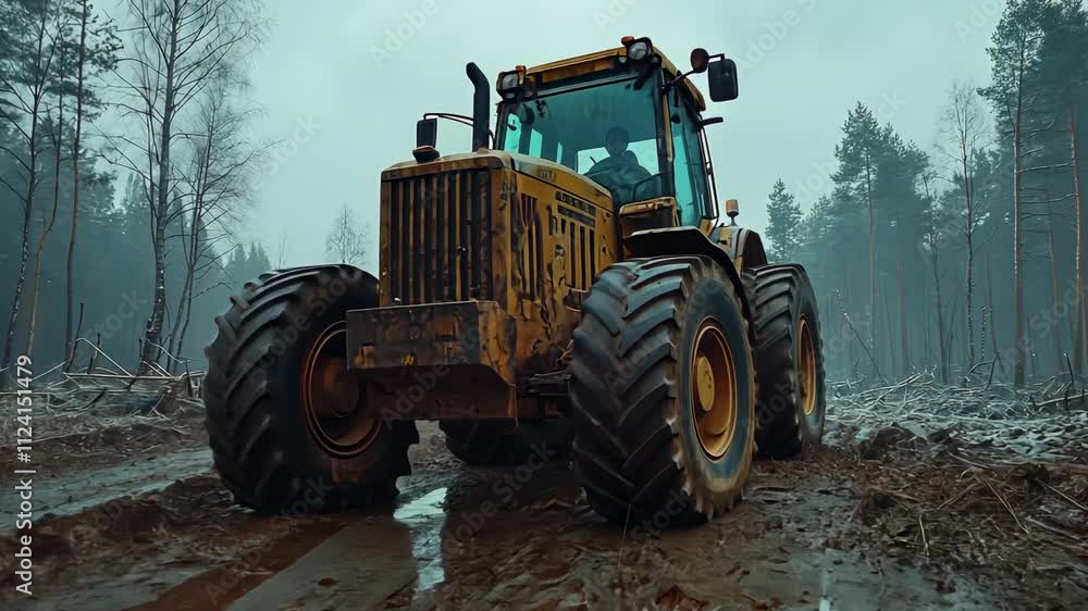 Heavy Machinery in Foggy Forest Clearing with Tire Tracks and Timber Debris Background Heavy Machinery in Foggy Forest Clearing with Tire Tracks and Timber Debris Background